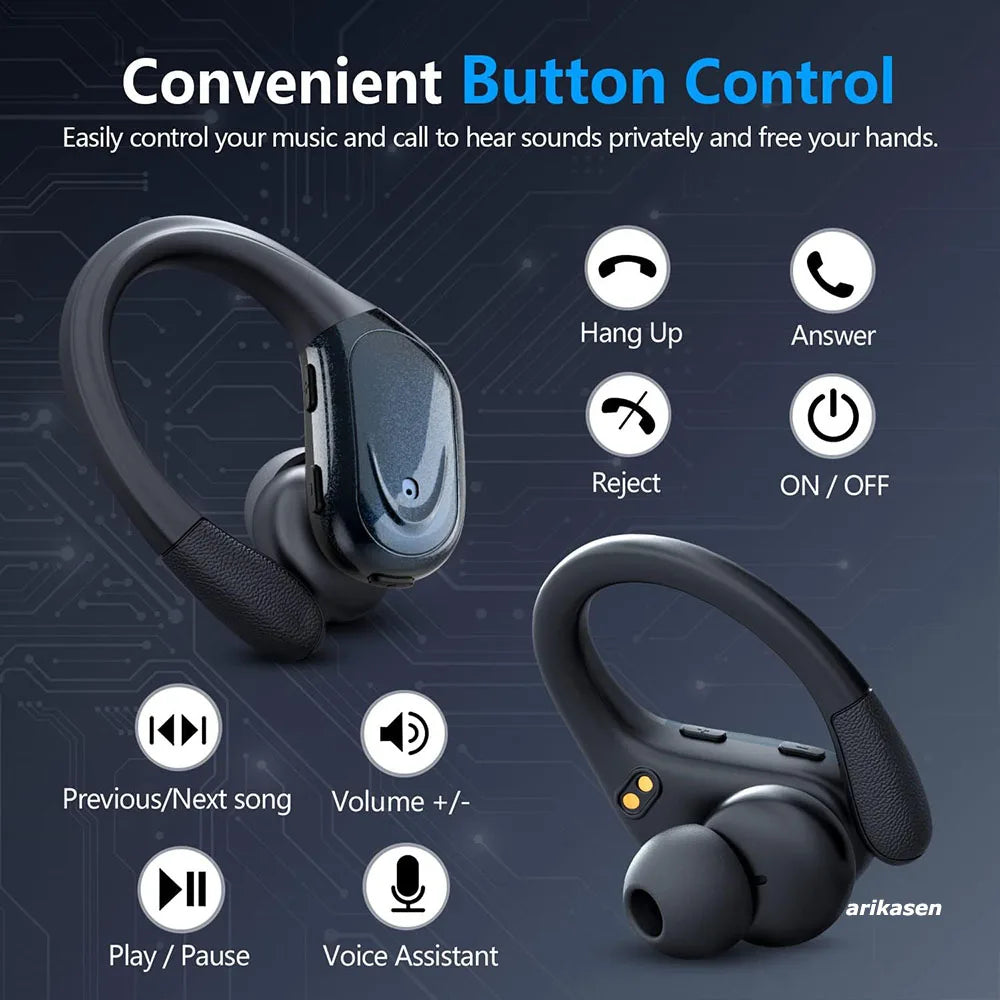 Wireless Earbuds Sport Bluetooth 5.3 Headphones with Noise Cancelling Mic 75H HiFi Stereo Over Ear Bud LED Display USB-C IPX6